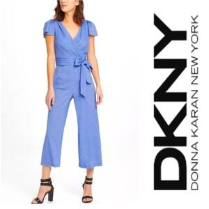 DKNY Ruffle V-neck Belted Cropped Short Sleeve Jumpsuit in Crushed Denim Blue 8